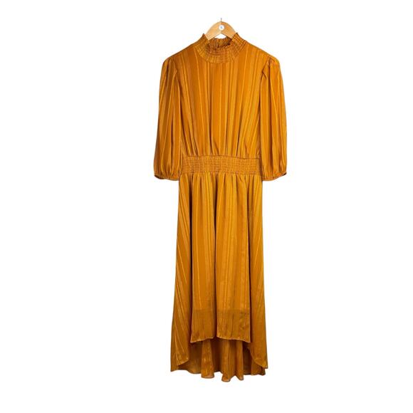Nanette Lepore Mustard Gold Sparkle Stripes Smocked Neck 3/4 Sleeve Midi Dress - Picture 8 of 11